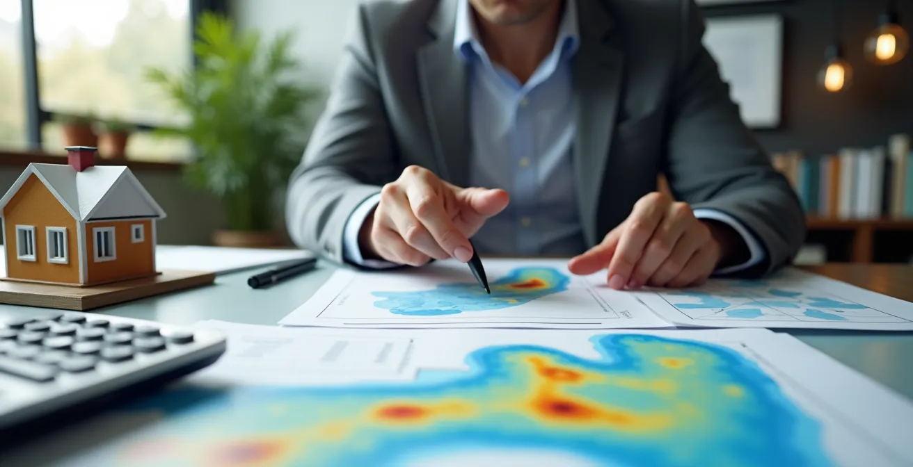 Bankberater analysiert Dokumente mit Ferienhaus-Modell und Küstenkarte auf dem Tisch