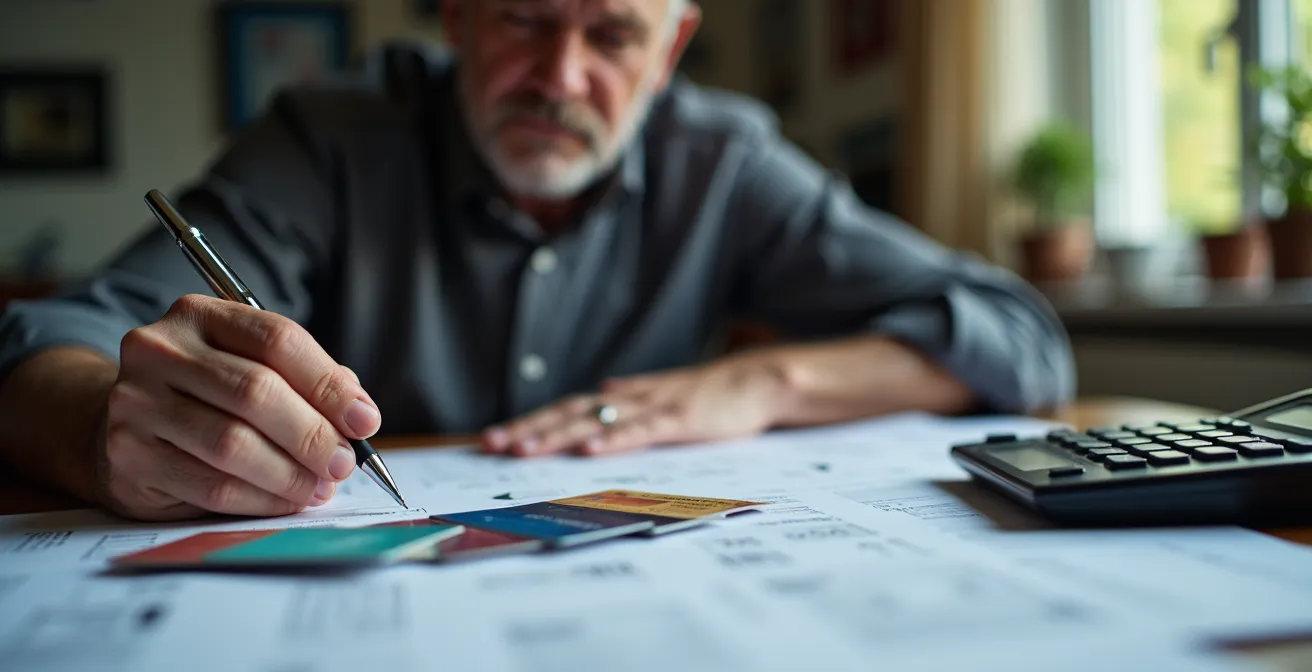 Überlasteter Schreibtisch mit Bankdokumenten zeigt den hohen Aufwand beim Kontowechsel