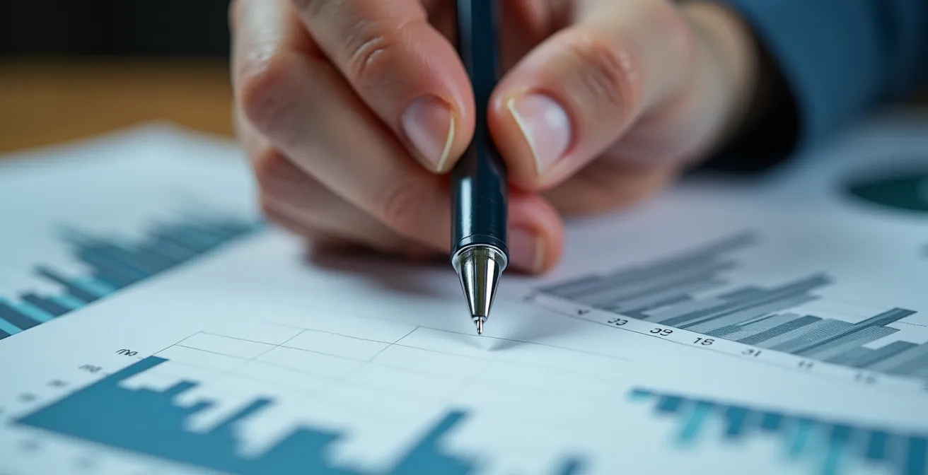 Detailaufnahme von Händen über Finanzunterlagen bei der Portfolio-Analyse