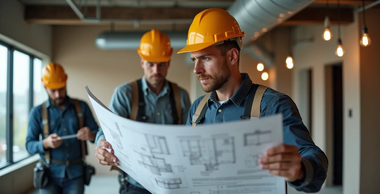 Umbau eines Bürogebäudes zu Wohnungen mit sichtbaren Bauarbeiten und Architekturplänen