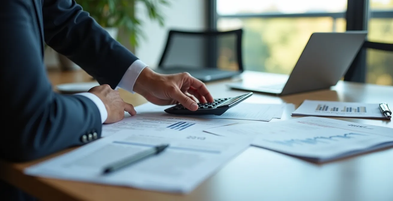 Geschäftsmann analysiert Finanzkennzahlen auf Tablet für Mieterbonitätsprüfung