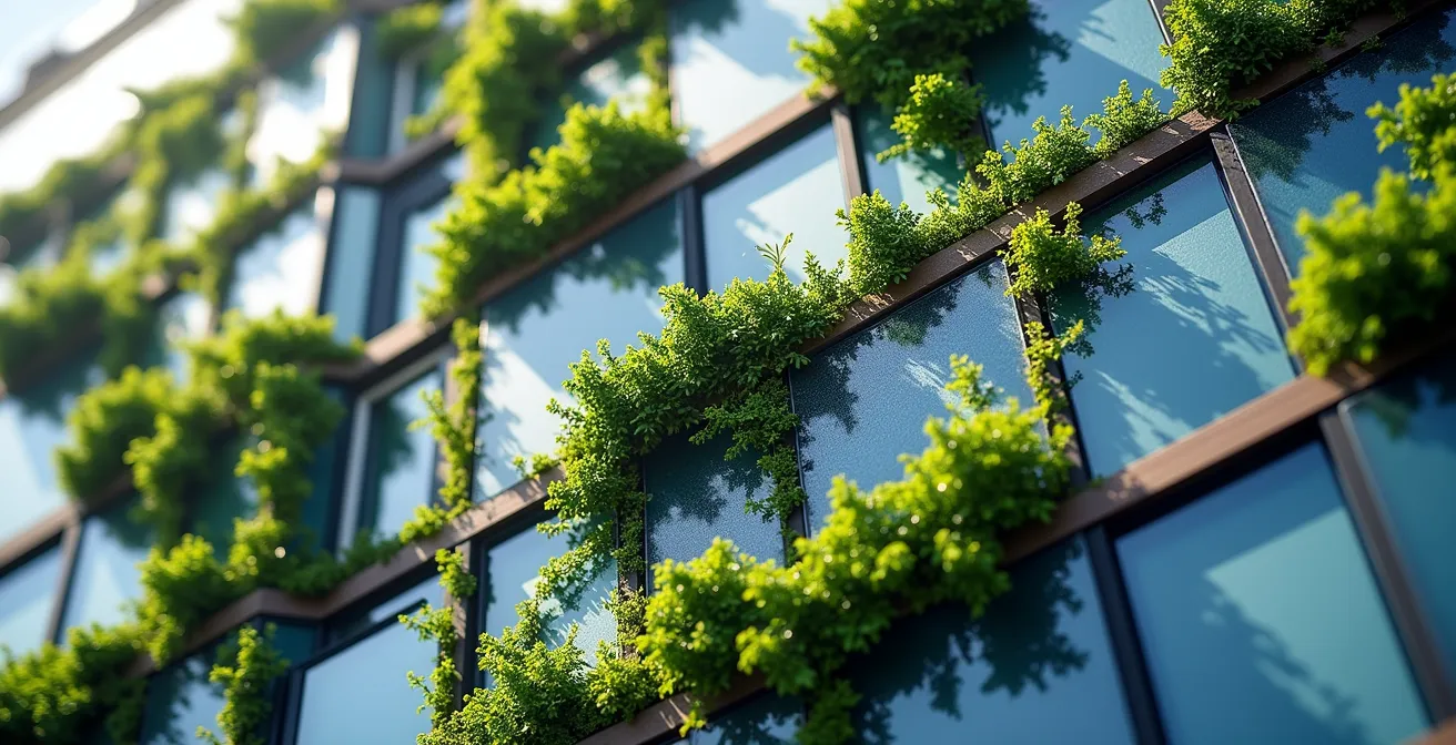 Nahaufnahme moderner nachhaltiger Bürofassade mit Solarpanels und Begrünung