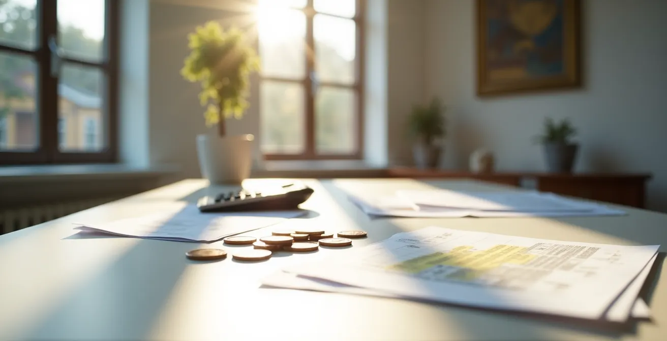 Weitwinkelaufnahme eines minimalistischen Büros mit Rechner und Steuerunterlagen, symbolisiert die Optimierung der Dividendensteuer