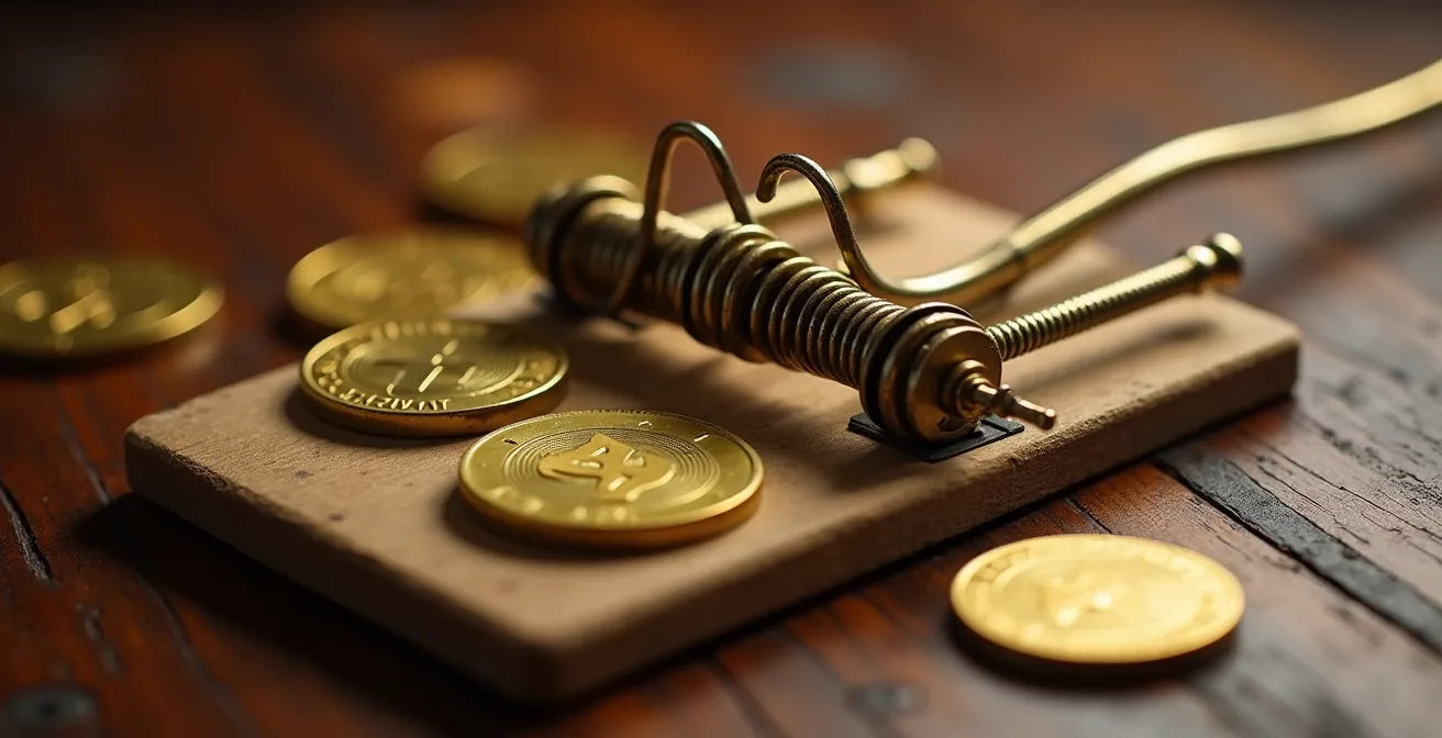 Warnsignale einer Dividendenfalle mit hoher Rendite visualisiert als Mausefalle mit Euro-Münzen als Köder