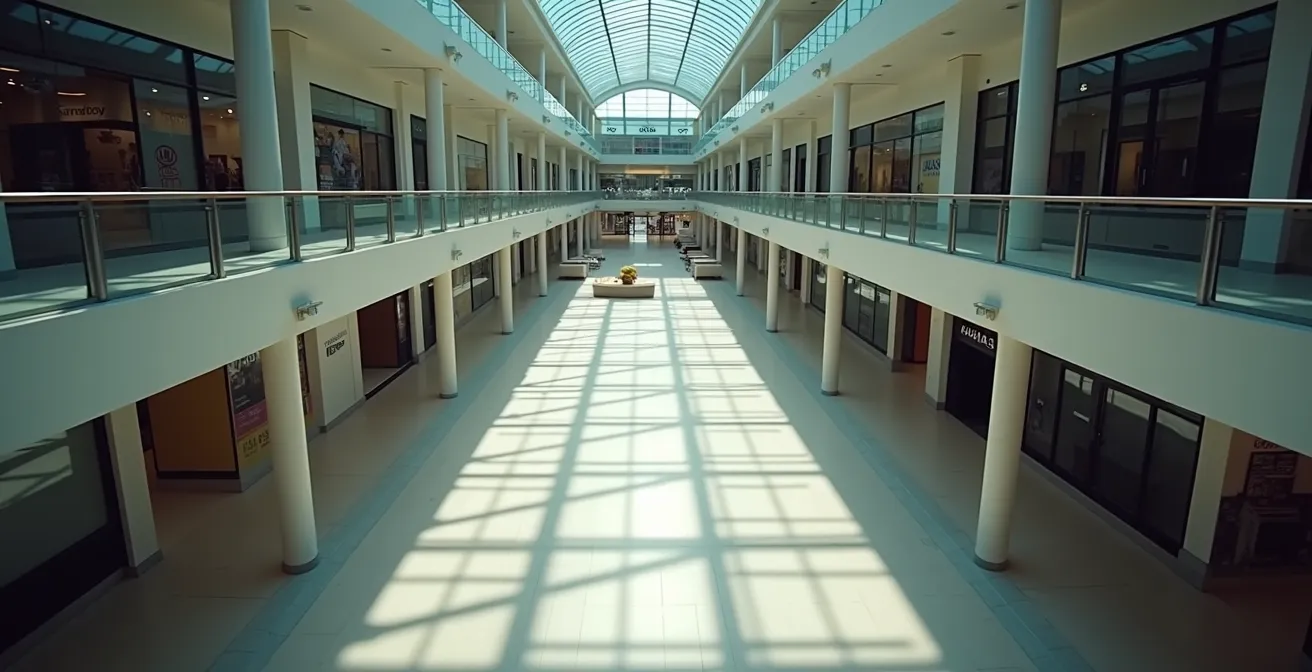 Abstraktes Bild von fallenden Dominosteinen in einem Einkaufszentrum, das den Effekt einer Mieterinsolvenz symbolisiert.