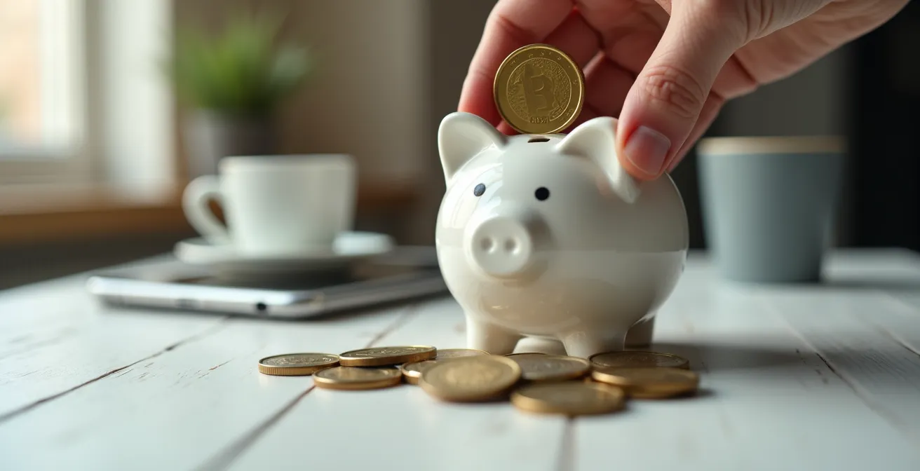 Nahaufnahme von Händen, die Münzen in ein Sparschwein stecken, daneben eine Kaffeetasse