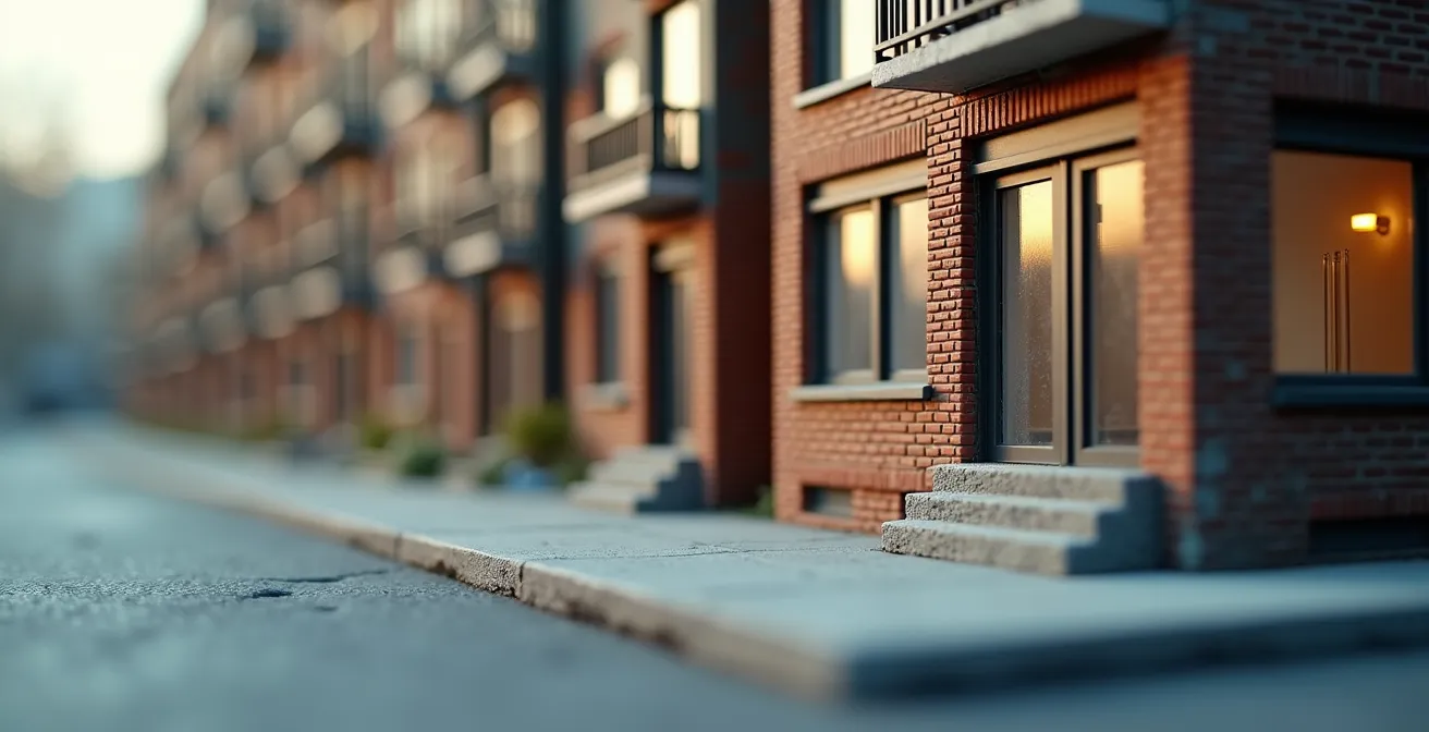 Nahaufnahme eines Architekturmodells einer modernen Eigentumswohnung in einer deutschen Stadt.