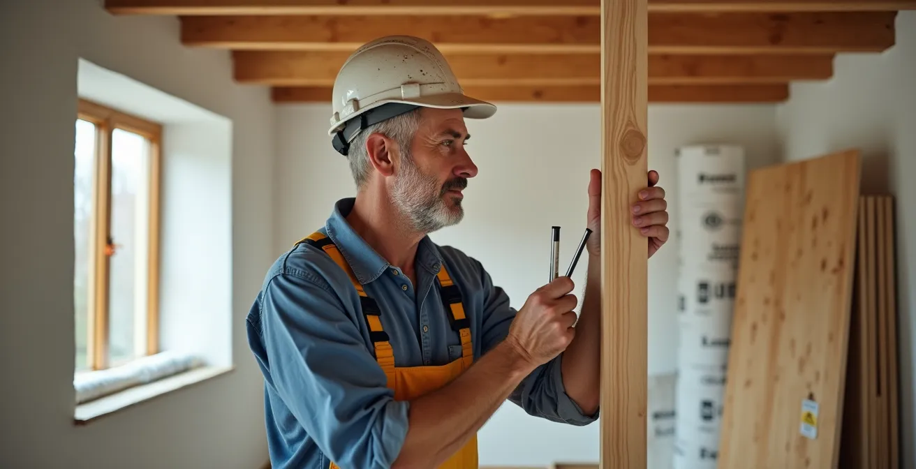 Bauherr dokumentiert Eigenleistungen mit Werkzeugen und Materialien, um sie der Bank nachzuweisen.