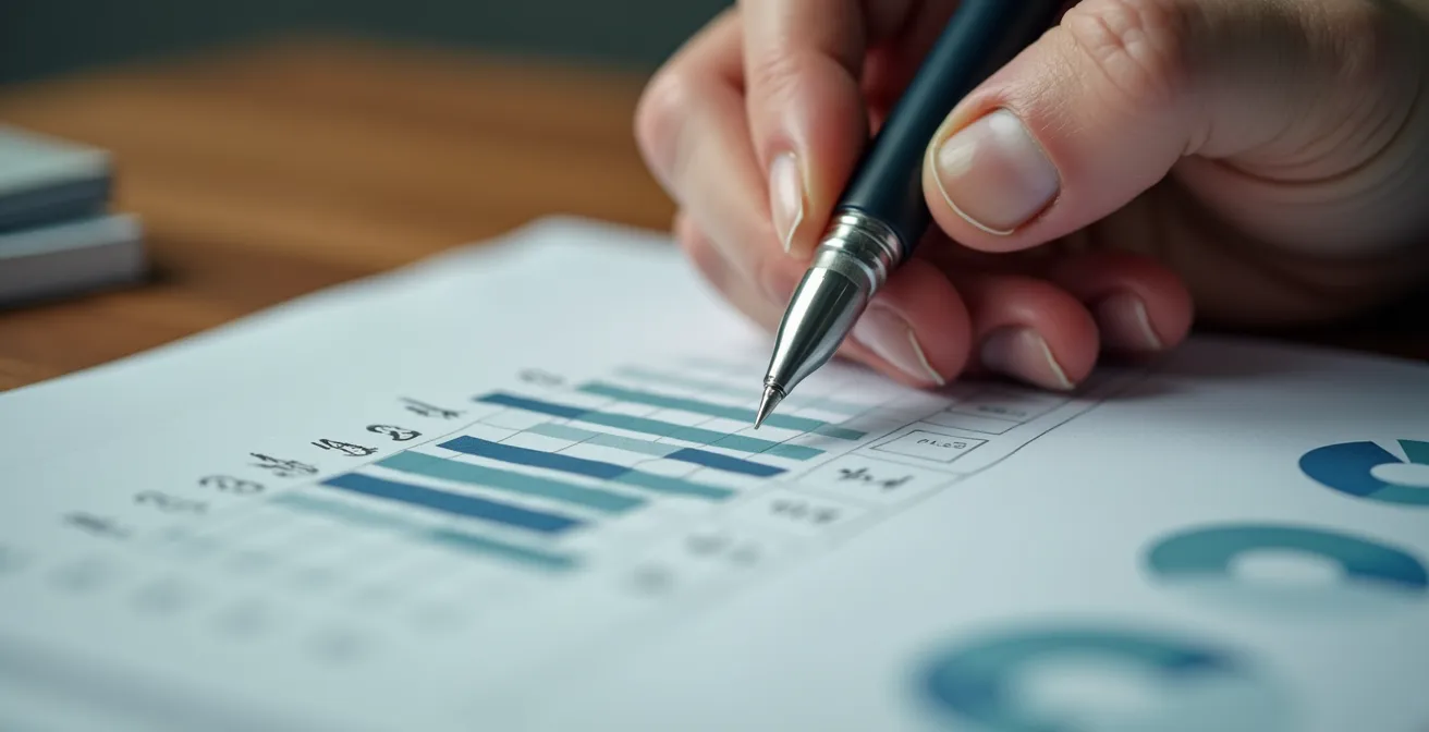 Nahaufnahme eines Investors, der unter Stress einen Stift über Finanzdokumenten hält und seine emotionale Reaktion bewertet.