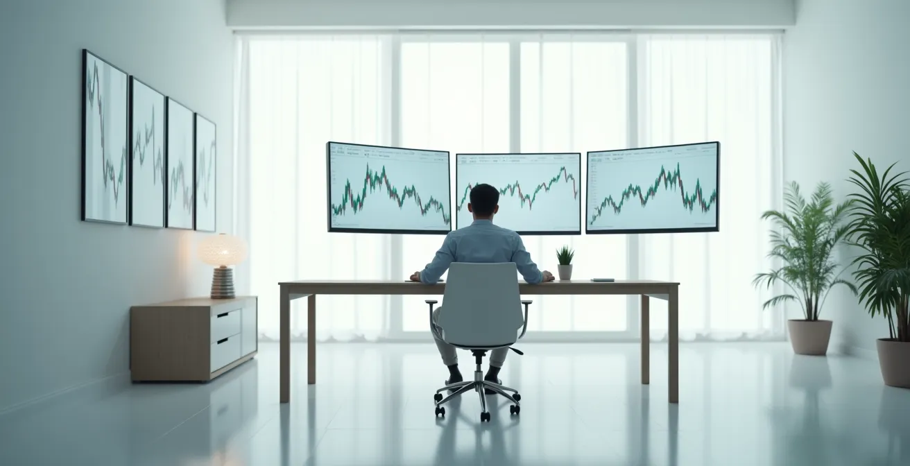 Ruhiger Investor betrachtet abstrakt dargestellte Marktschwankungen auf mehreren Bildschirmen in einem minimalistischen Büro und symbolisiert Gelassenheit.