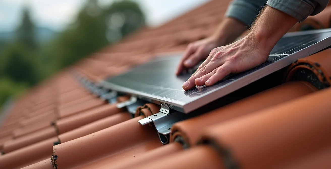 Handwerker installiert Solarpanels auf Dach eines ländlichen Hauses