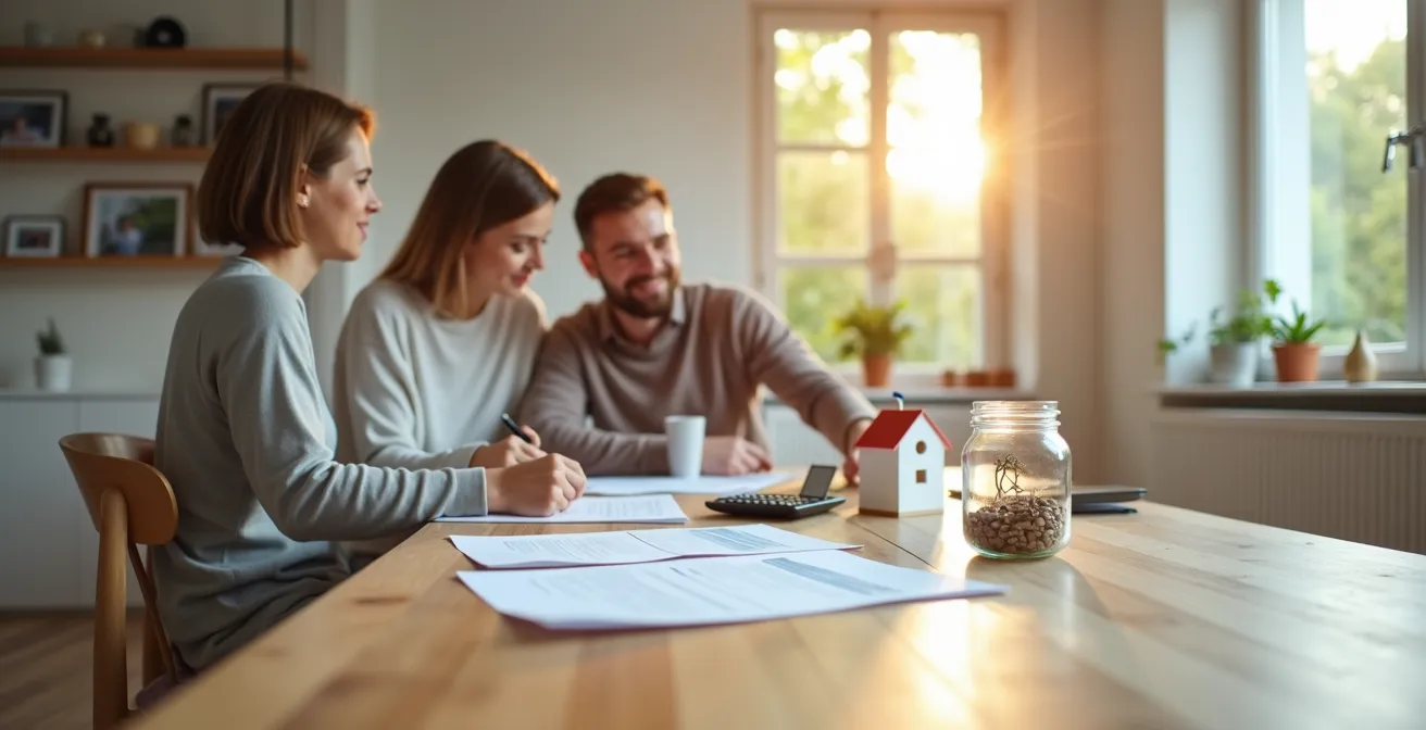 Weitwinkelaufnahme eines modernen deutschen Wohnzimmers mit Familie beim Finanzgespräch