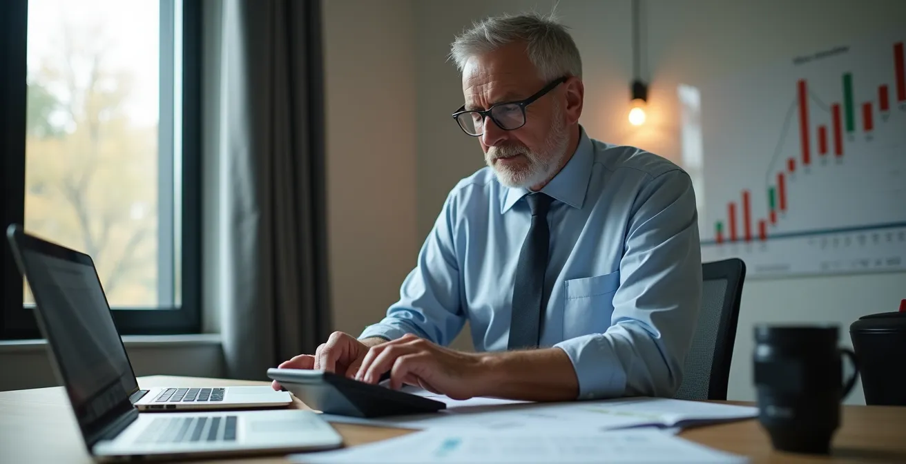 Geschäftsmann erstellt Totalüberschussprognose für Ferienimmobilie am Schreibtisch