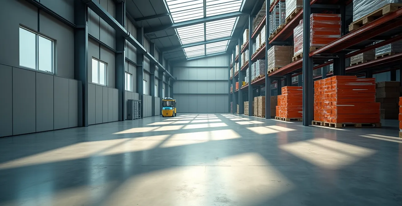 Innenansicht einer modernen Logistikhalle mit flexiblen Raumaufteilungen
