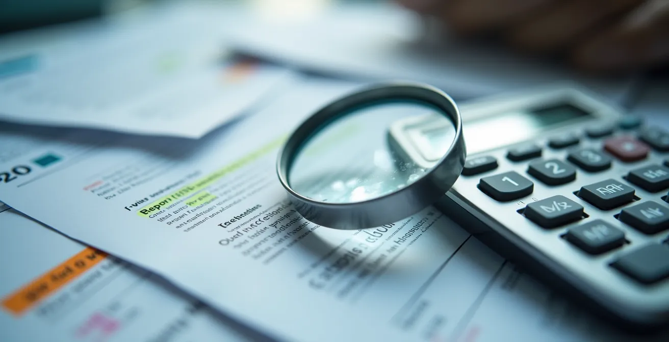 Detailaufnahme von WEG-Protokollen mit Markierungen kritischer Kostenpunkte für die forensische Analyse