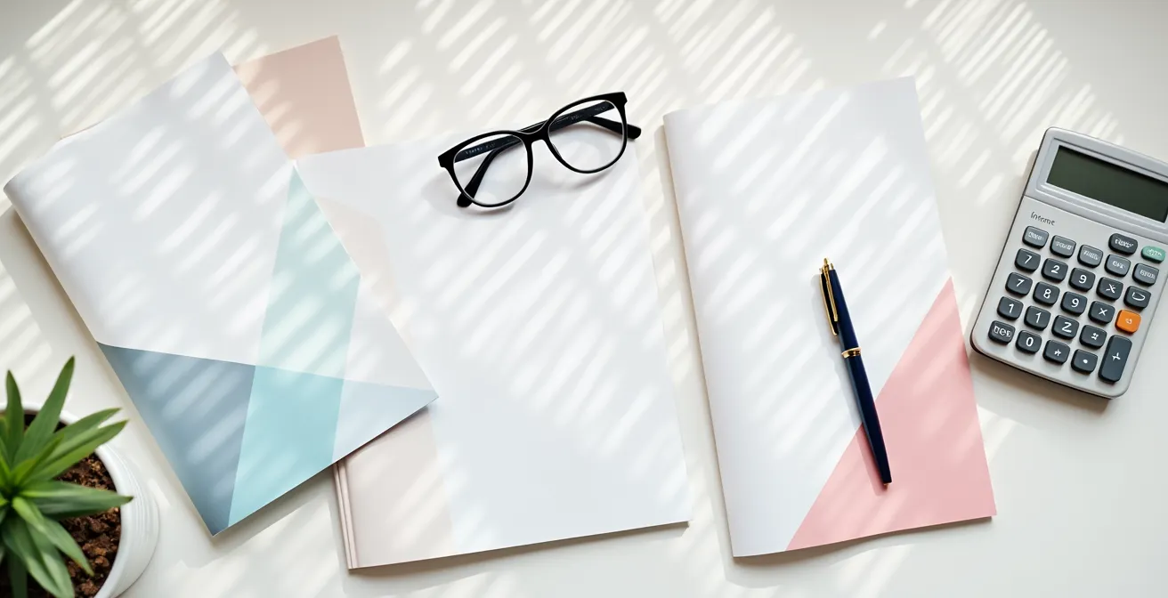 Weitwinkelaufnahme eines organisierten Arbeitsplatzes mit Geschäftsberichten und Analysewerkzeugen