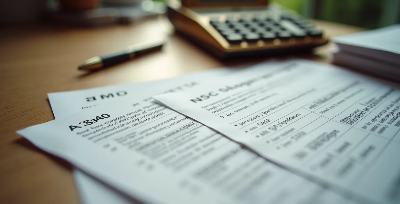 Detailaufnahme von Steuerdokumenten und Taschenrechner auf Holztisch