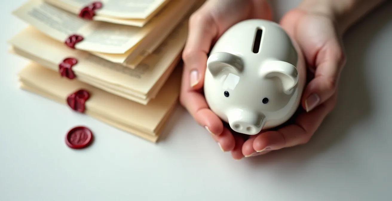 Hände halten Sparschwein neben Grundbuchdokumenten auf Holztisch, was die Ersparnis bei der Grundschuldabtretung symbolisiert