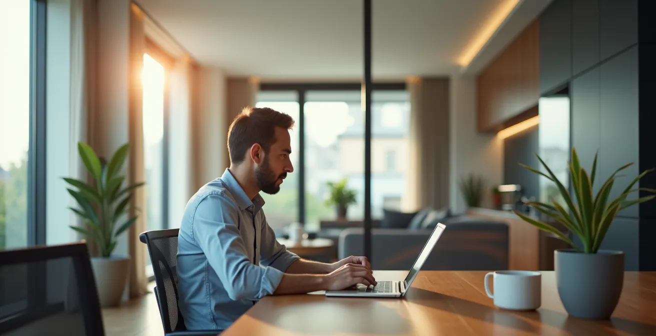 Modernes Homeoffice durch Glaswand abgetrennt in hellem Wohnraum