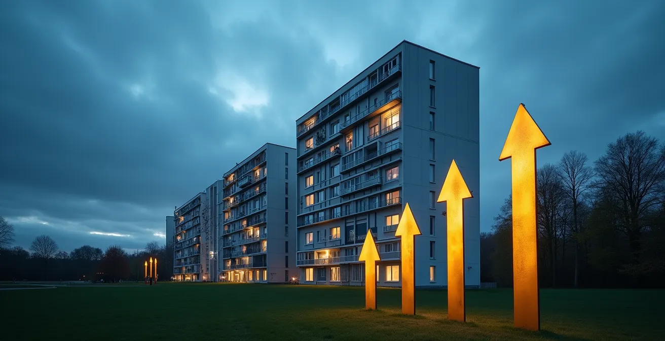Weitwinkelaufnahme eines modernen Wohnkomplexes mit aufsteigenden goldenen Pfeilen, die den Schutz des Vermögenswertes durch Indexmiete symbolisieren.