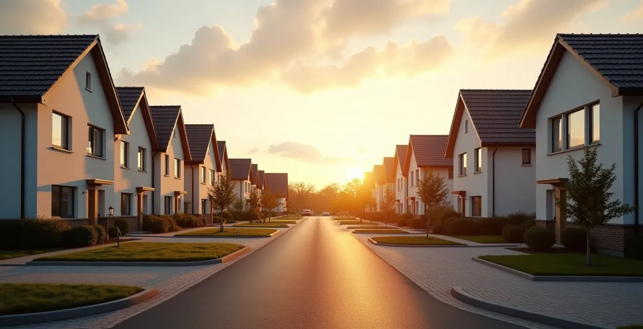 Weitwinkelaufnahme eines modernen Wohngebiets mit verschiedenen Haustypen
