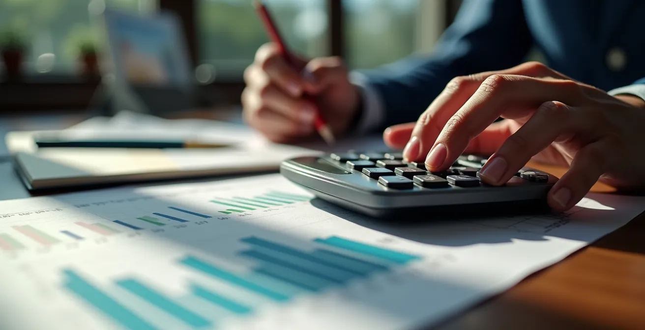 Detailaufnahme einer Hand mit Taschenrechner und Finanzcharts zur KGV-Analyse