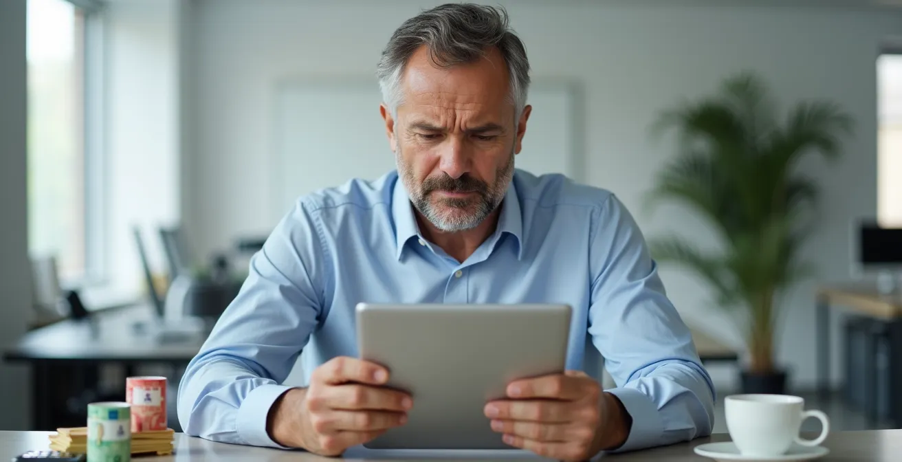 Ein Mann analysiert besorgt Kostendiagramme auf einem Tablet in einem modernen deutschen Büro