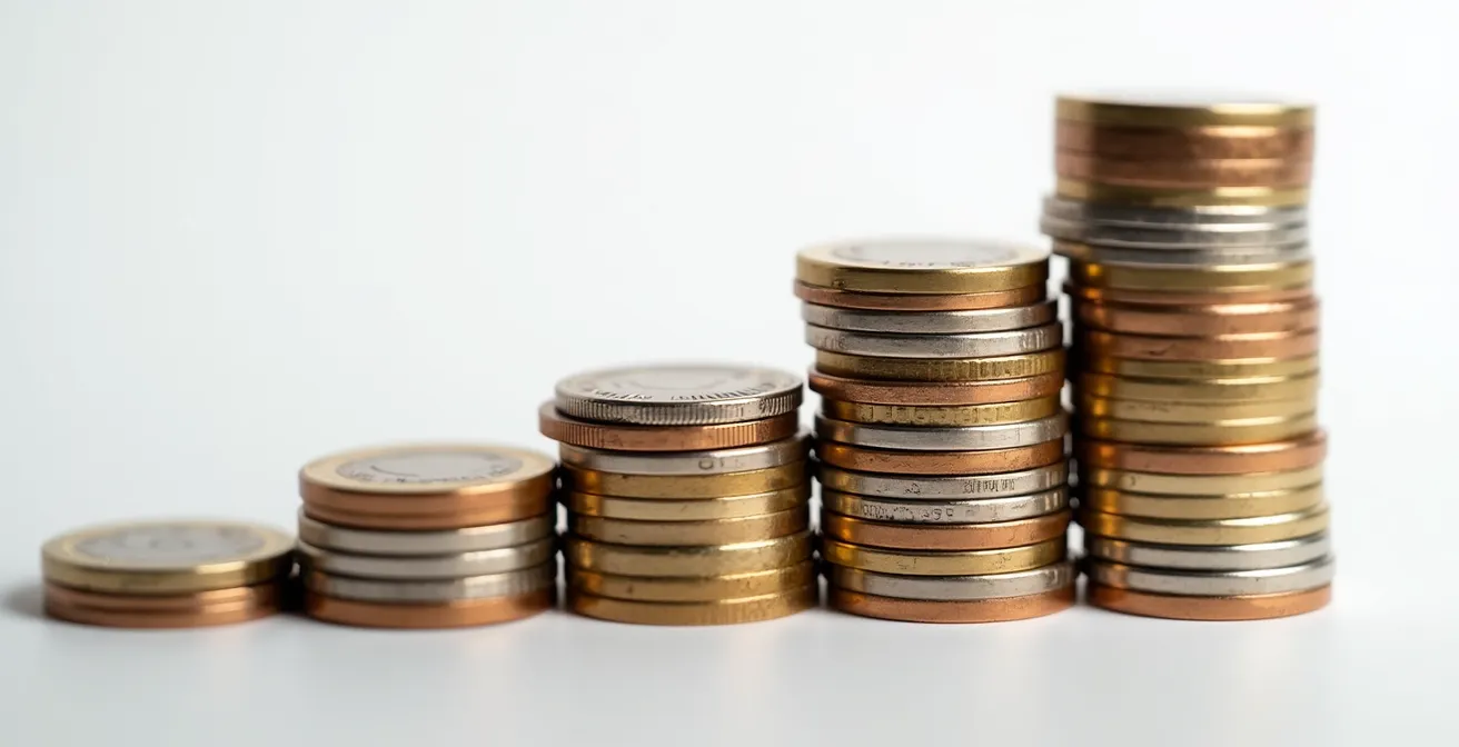 Makroaufnahme von Münzstapeln mit unterschiedlichen Höhen, die den Kostenunterschied zwischen Anlagestrategien visualisieren