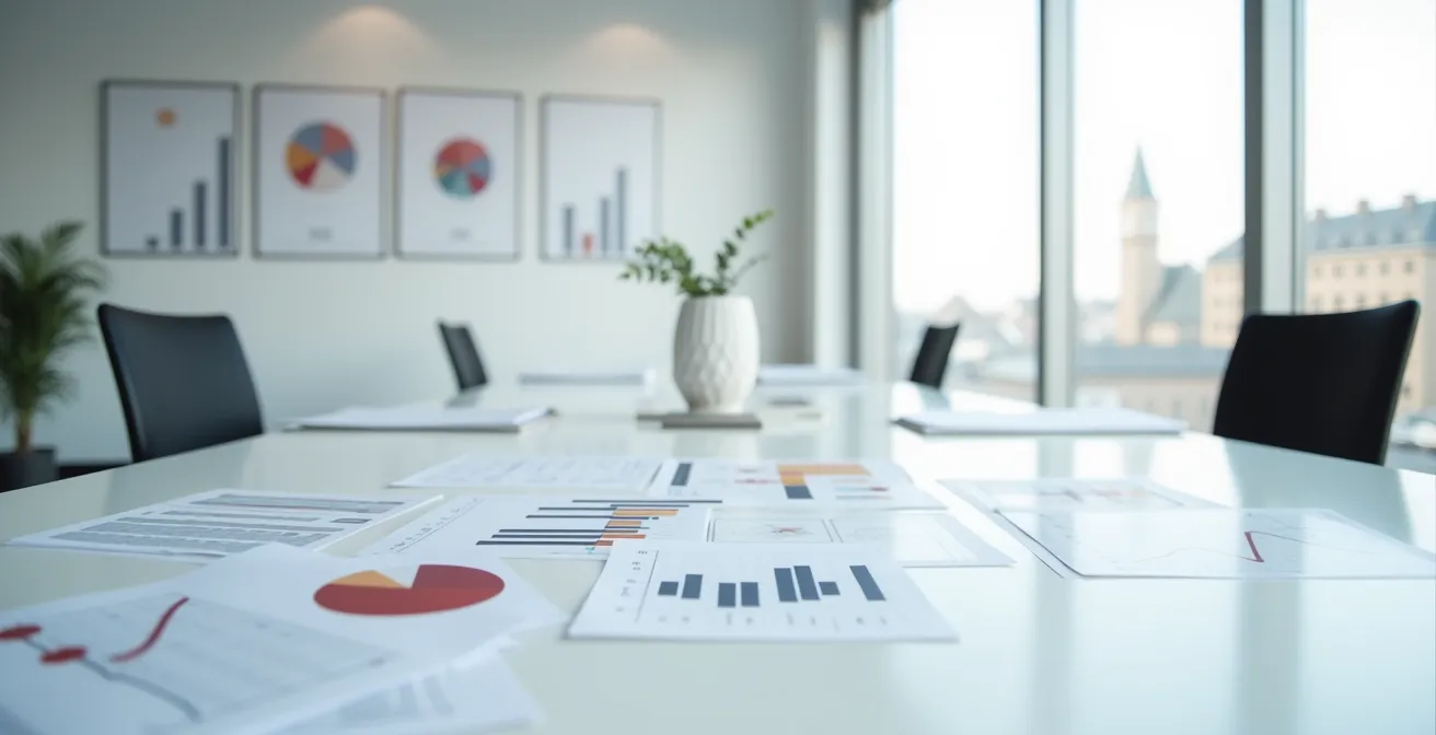 Weitwinkelaufnahme eines modernen Büroraums mit Finanzplanungsunterlagen