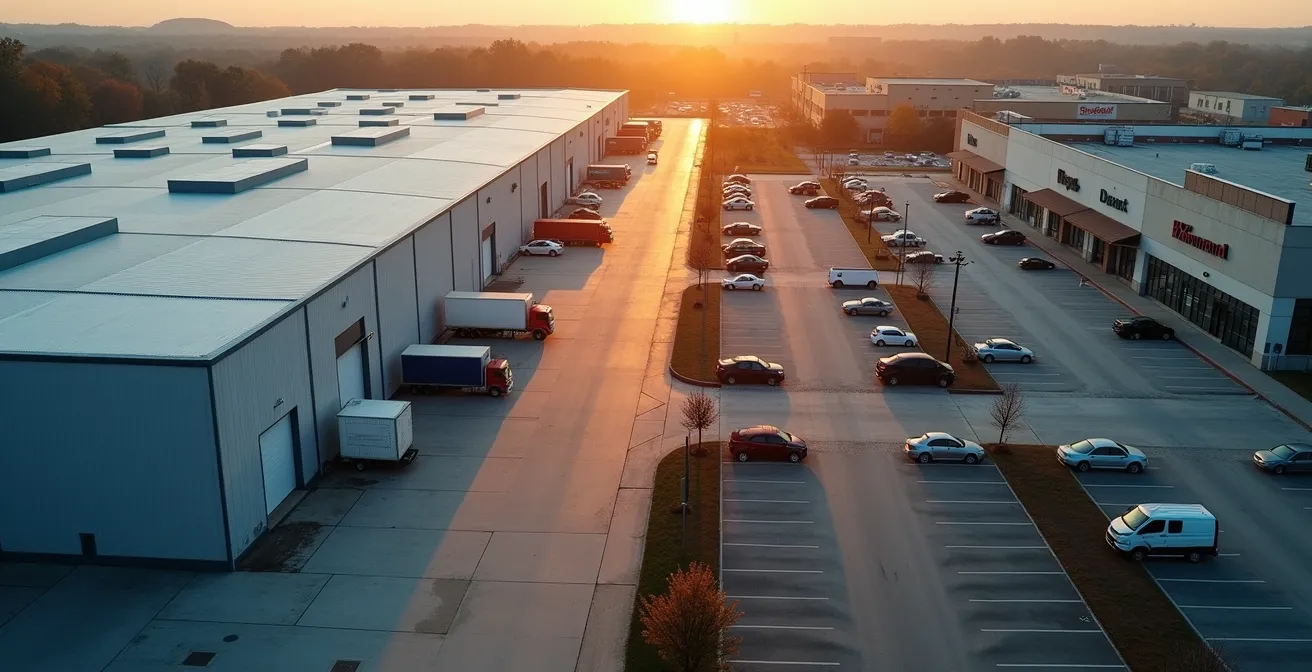 Luftaufnahme zeigt moderne Logistikhalle neben verlassenem Einkaufszentrum