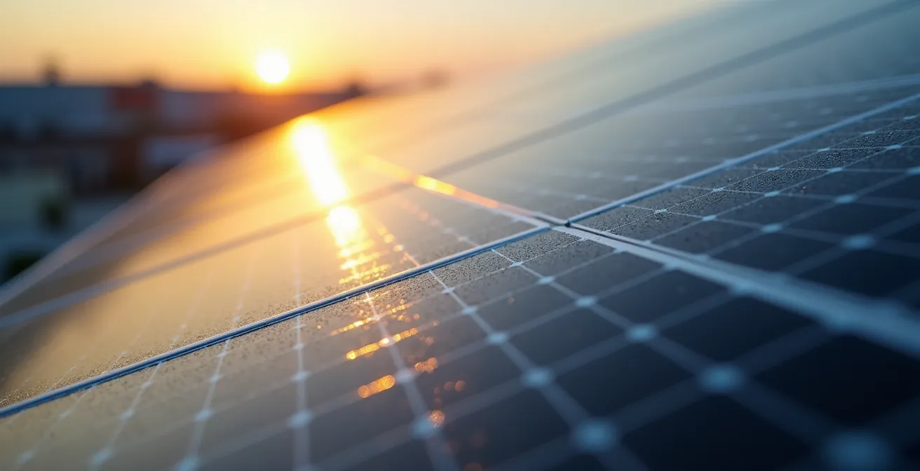 Moderne Logistikhalle mit Photovoltaikanlage auf dem Dach und LKW-Verladezone