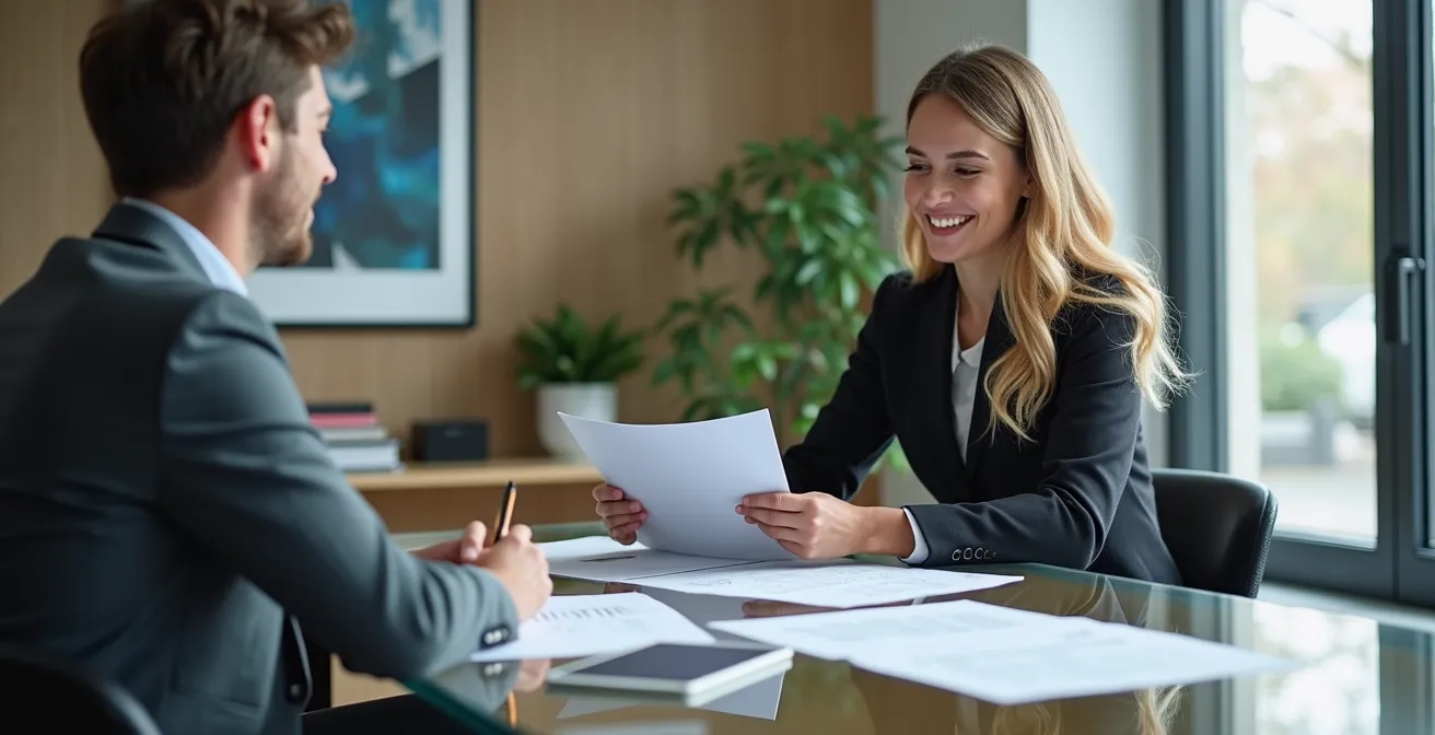 Finanzberater und Kunde im vertrauensvollen Beratungsgespräch in einem modernen Büro
