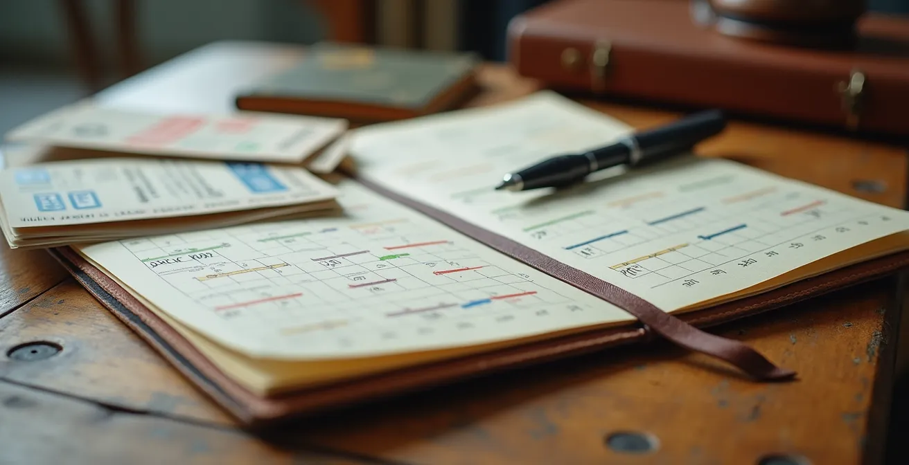 Aufgeschlagenes Notizbuch mit Kalendereinträgen und gesammelten Belegen auf Holztisch