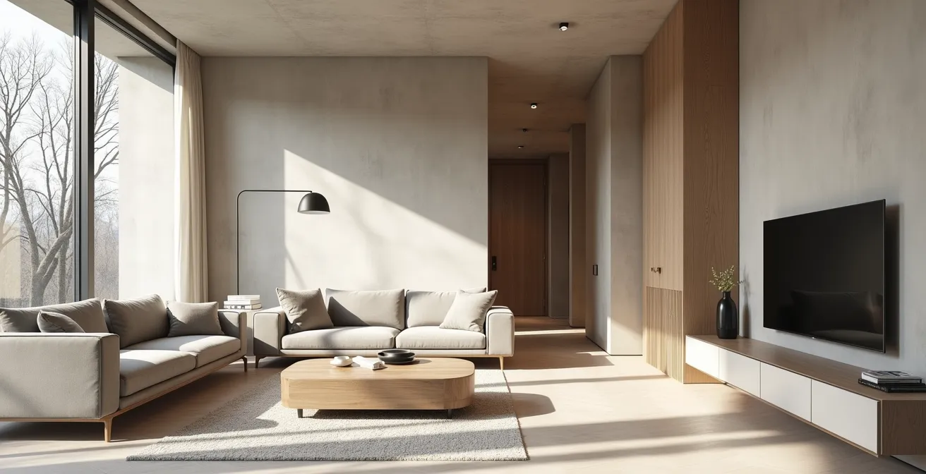 Weitwinkelaufnahme eines modernen Wohnzimmers mit minimalistischem Design symbolisiert ausgewogene Vermögensallokation