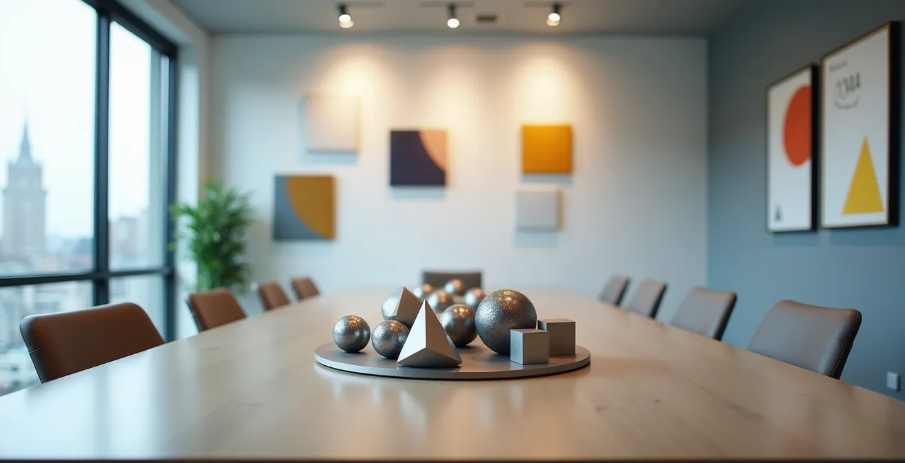 Minimalistisches Büro mit abstrakten Kunstwerken und Skulpturen, die die Diversifikation eines Portfolios symbolisieren.
