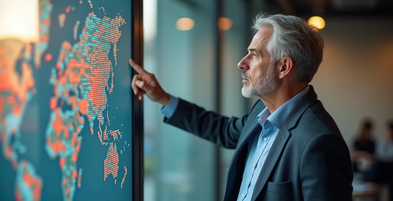 Geschäftsmann analysiert Weltkarte mit diversifizierten Anlagepunkten