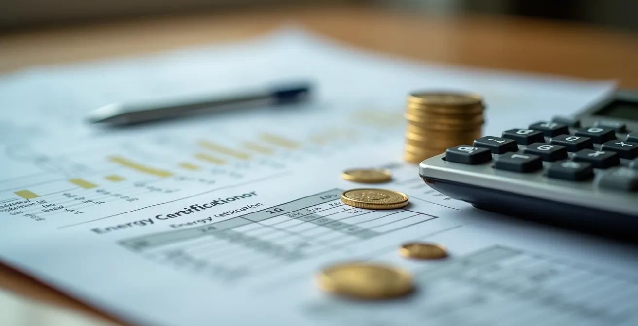 Detailaufnahme von Bauunterlagen mit Taschenrechner und Energieausweis, die die Berechnung des Real-Vervielfältigers symbolisieren.