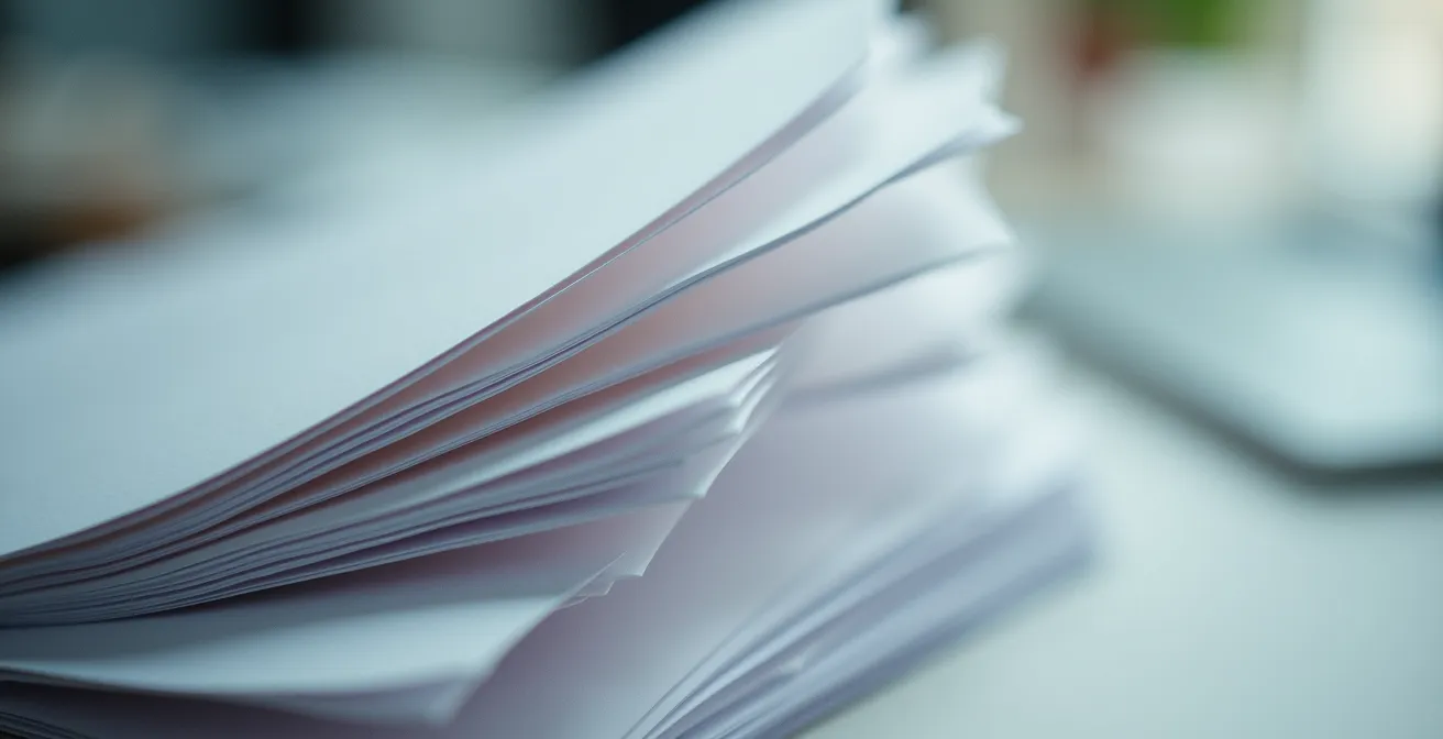 Nahaufnahme von Dokumentenstapel mit unscharfem Hintergrund symbolisiert die Komplexität rechtlicher Strukturen