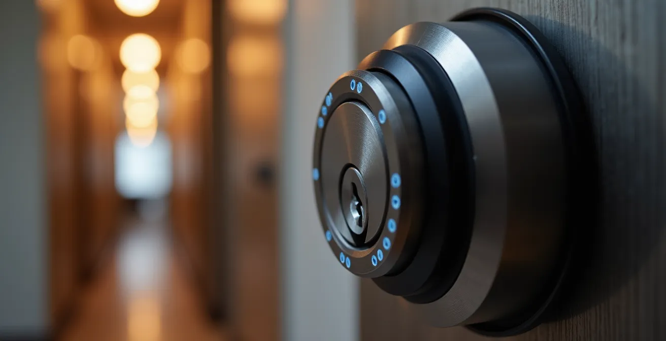 Nahaufnahme eines digitalen Türschlosses mit unscharfem Apartment-Hintergrund