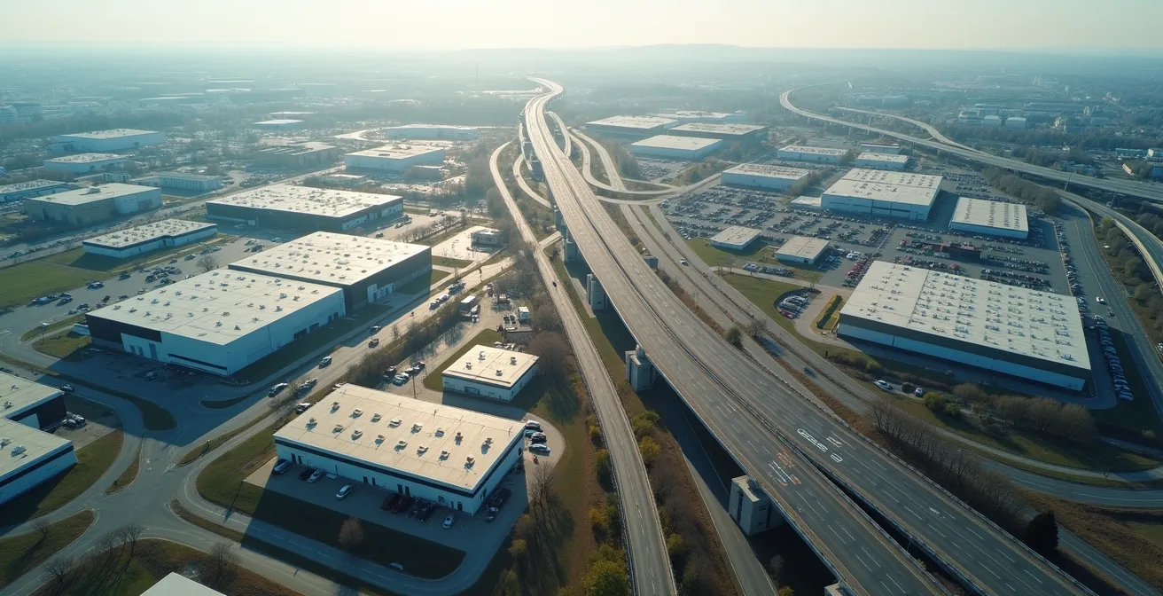 Luftaufnahme zeigt Gewerbegebiet mit optimaler Autobahnanbindung und städtischer Infrastruktur