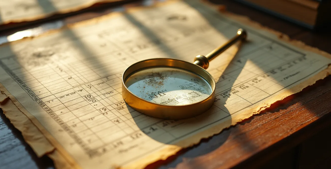 Detailaufnahme historischer Firmendokumente mit Lupe auf antikem Schreibtisch