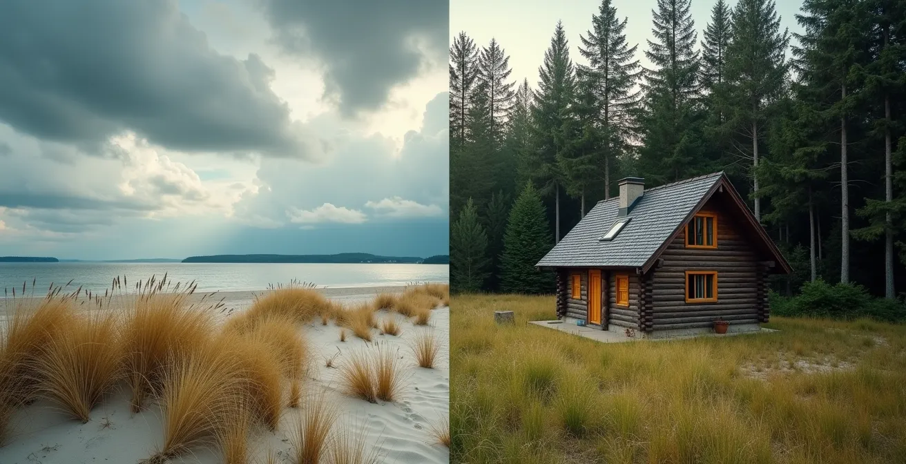 Geteilte Landschaftsaufnahme zeigt Sylt-Dünen und bayerische Bergwälder