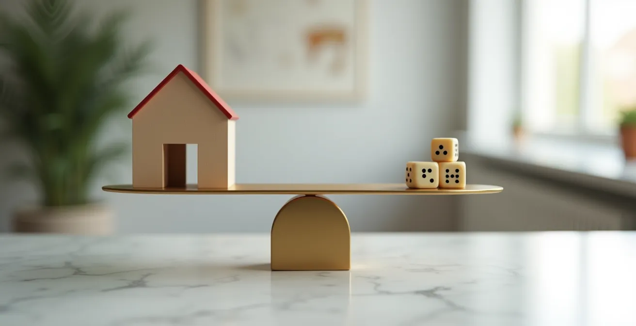 Moderne Waage balanciert ein Hausmodell und Würfel, was das Risiko einer variablen Finanzierung symbolisiert