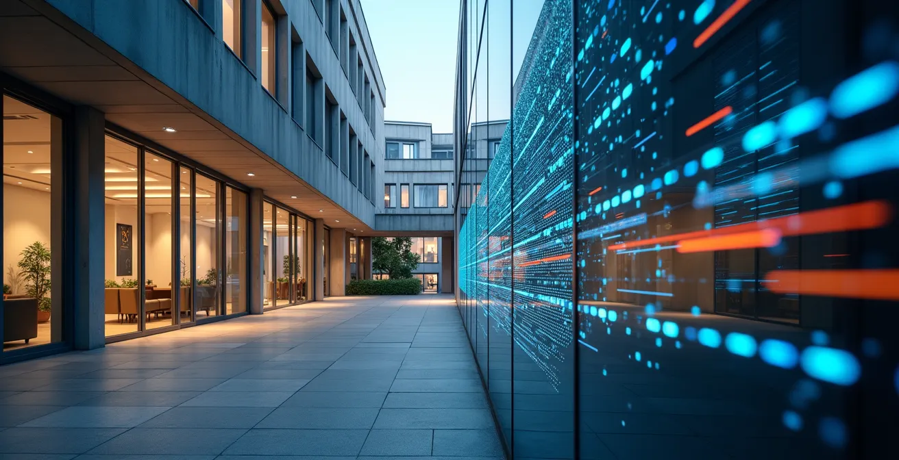 Geteiltes Bild zeigt links stabiles Bürogebäude und rechts volatilen digitalen Raum als Metapher für unterschiedliche Risikolevel