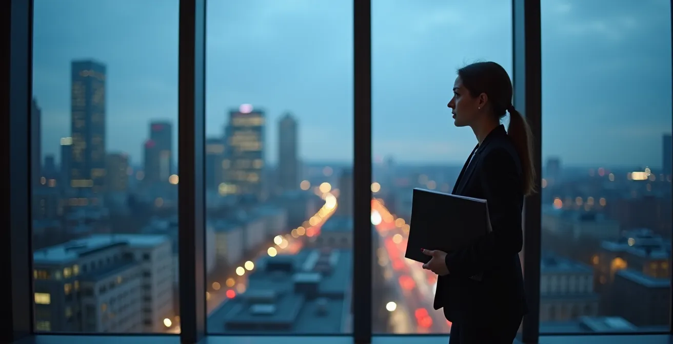 Geschäftsfrau analysiert Finanzrisiken im Büro mit Blick auf eine moderne Stadt, was die Einschätzung von Unternehmensschulden symbolisiert