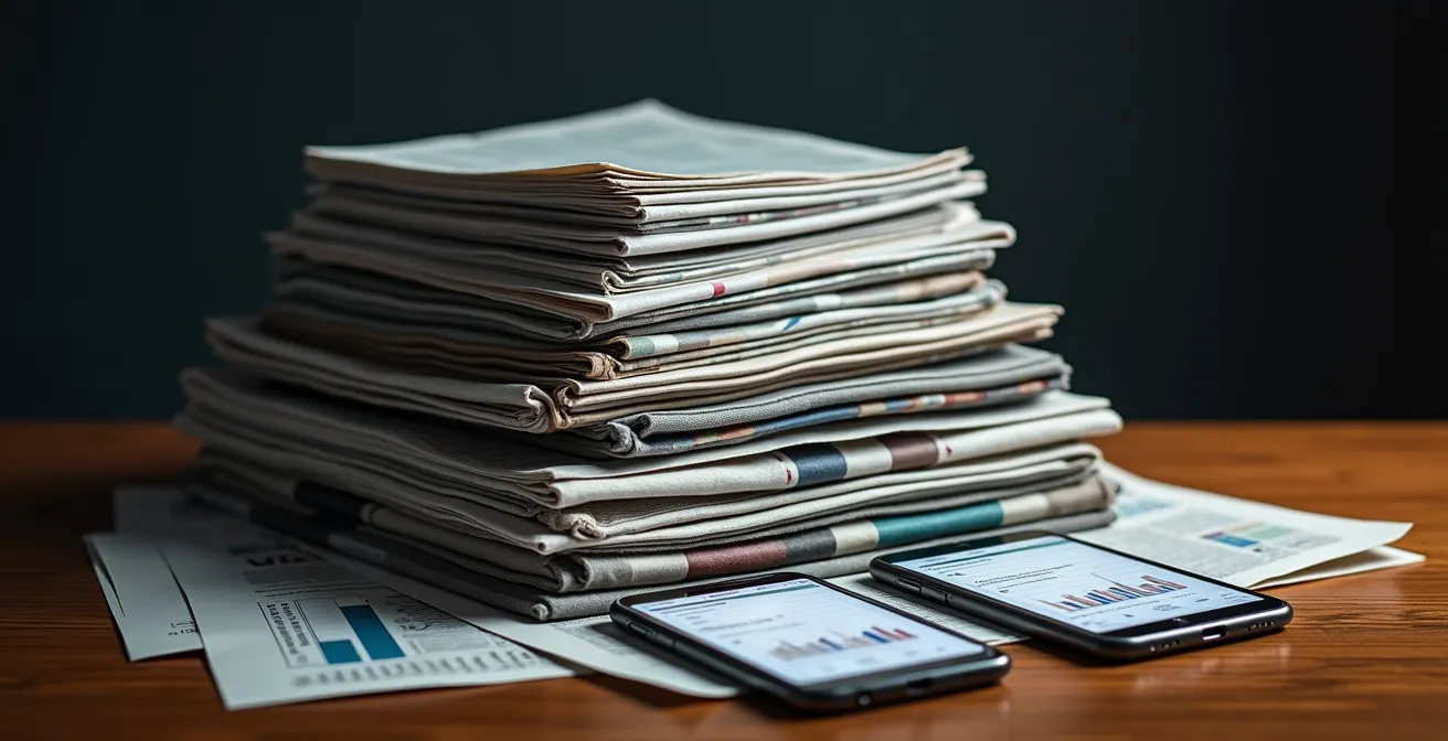 Pyramidenförmige Anordnung von Finanzberichten an der Spitze und digitalen Geräten an der Basis auf einem Holztisch, die die Hierarchie von Finanzquellen symbolisiert.