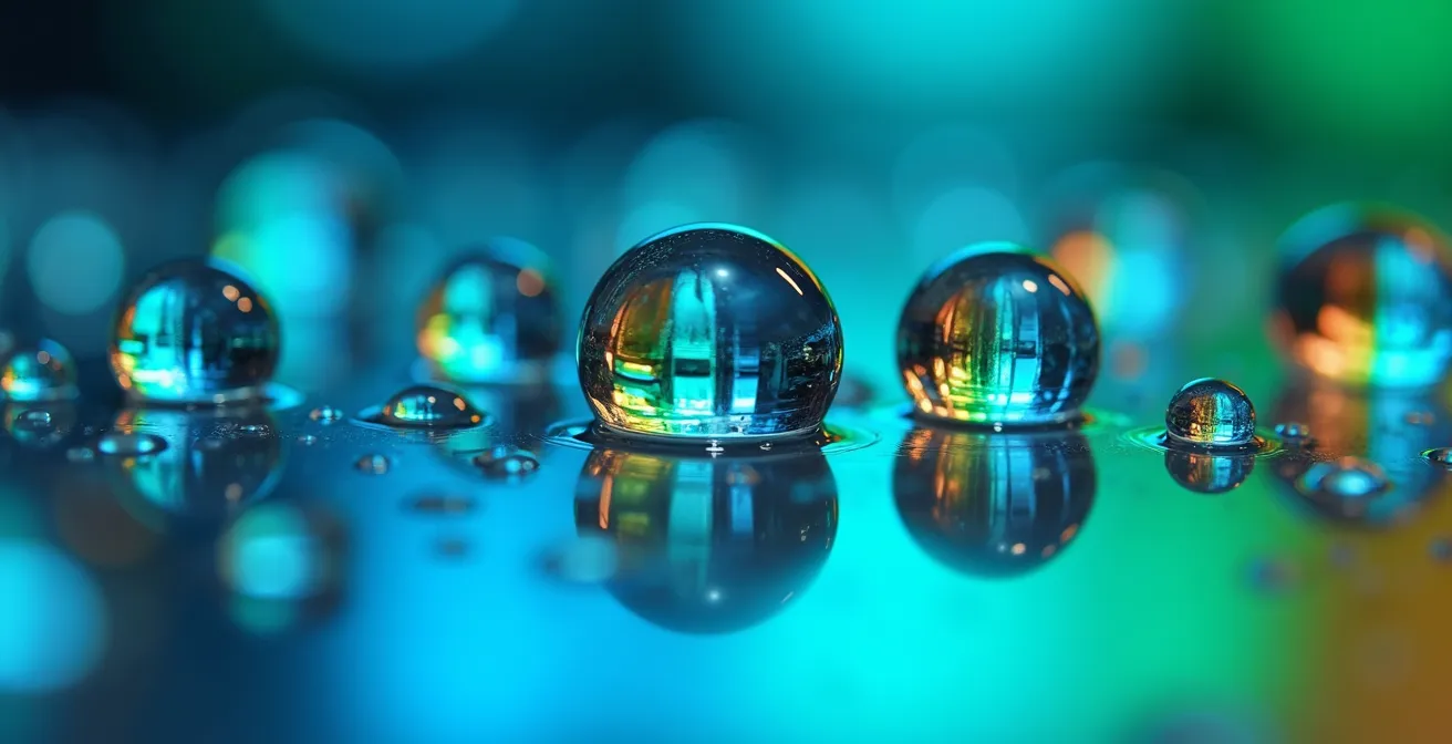 Makroaufnahme von Wassertropfen auf einer Oberfläche symbolisiert die Fluidität und Volatilität der Finanzmärkte