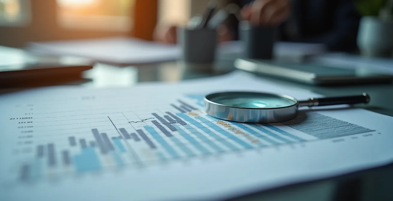 Nahaufnahme von Finanzdaten mit selektivem Fokus auf kritische Metriken, die das Ende einer Wachstumsphase signalisieren könnten.