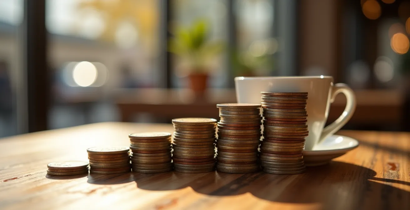 Eine Kaffeetasse steht neben einem wachsenden Stapel von Euromünzen auf einem Holztisch, was den Zinseszinseffekt symbolisiert.