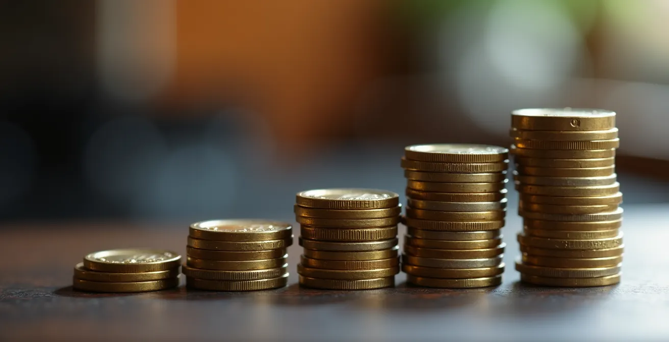 Händestapeln von Münzen in aufsteigenden Säulen zeigt Zinseszinseffekt